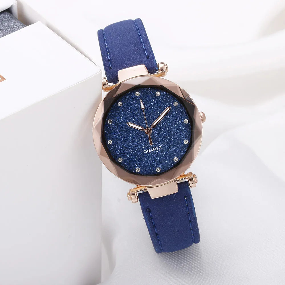 Starry watch with round 34mm dial, alloy case, imitation leather strap, and onion crown in a colour option
