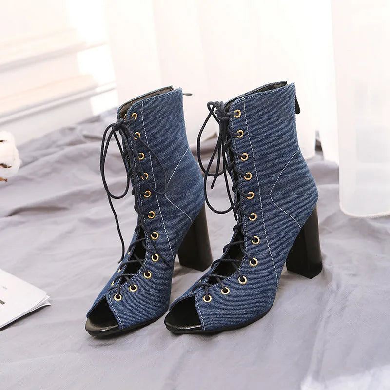 Denim high heels with thick heel above 8cm, peep toe, front tie, rubber sole, in Black, Blue, or Navy Blue