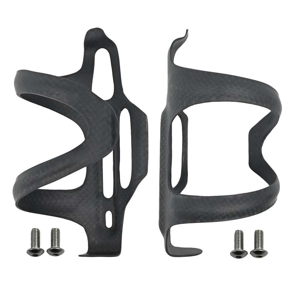 Black carbon fibre side pull bicycle water bottle cage mounted on a bike frame.