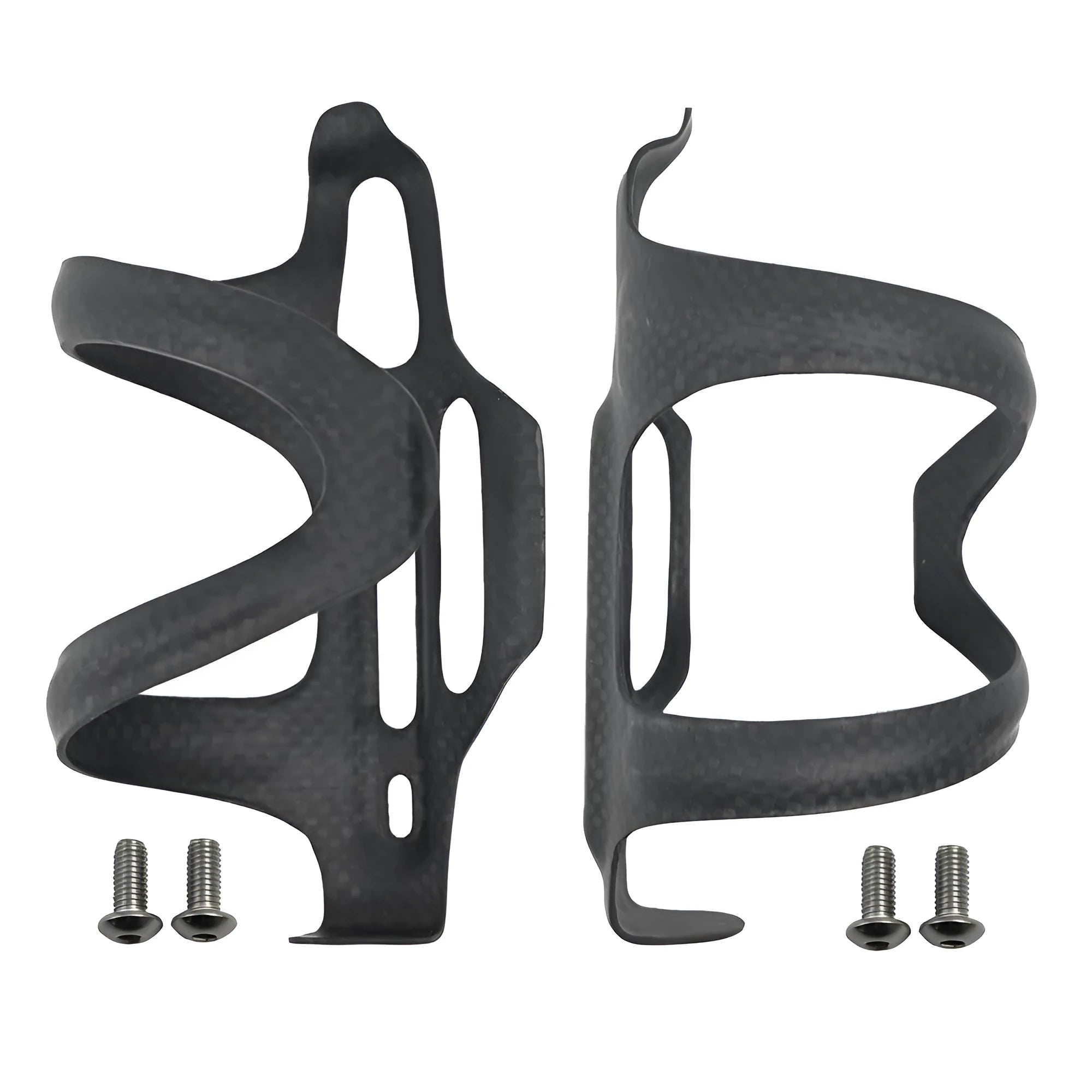 Black carbon fibre side pull bicycle water bottle cage mounted on a bike frame.