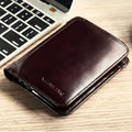 Men's brown leather bifold wallet open to show multiple card slots, a cash compartment, and a coin pocket.