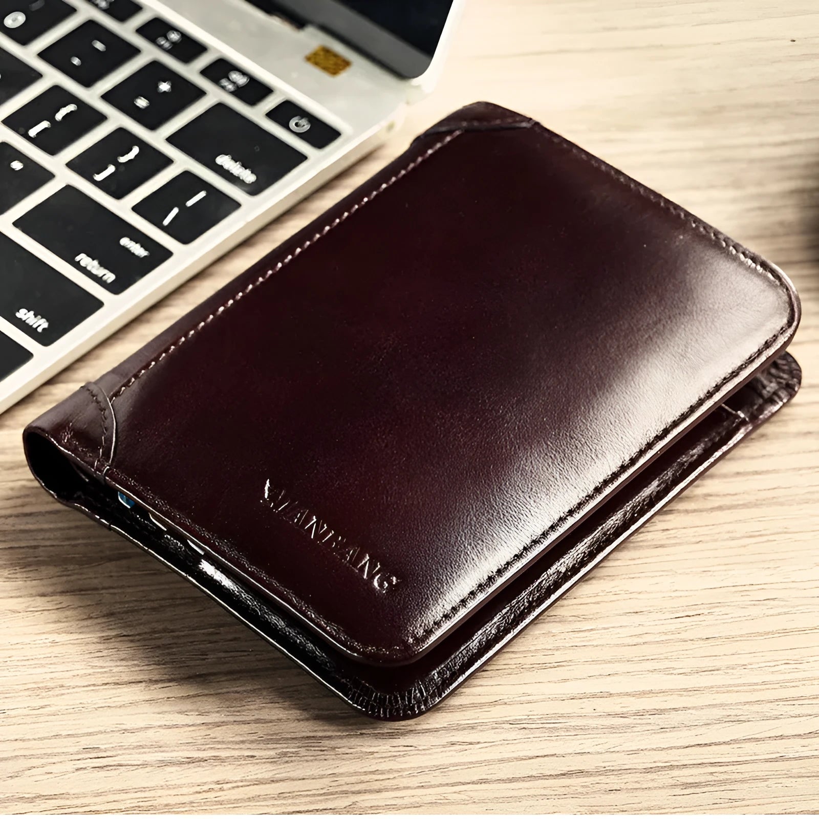 Men's brown leather bifold wallet open to show multiple card slots, a cash compartment, and a coin pocket.