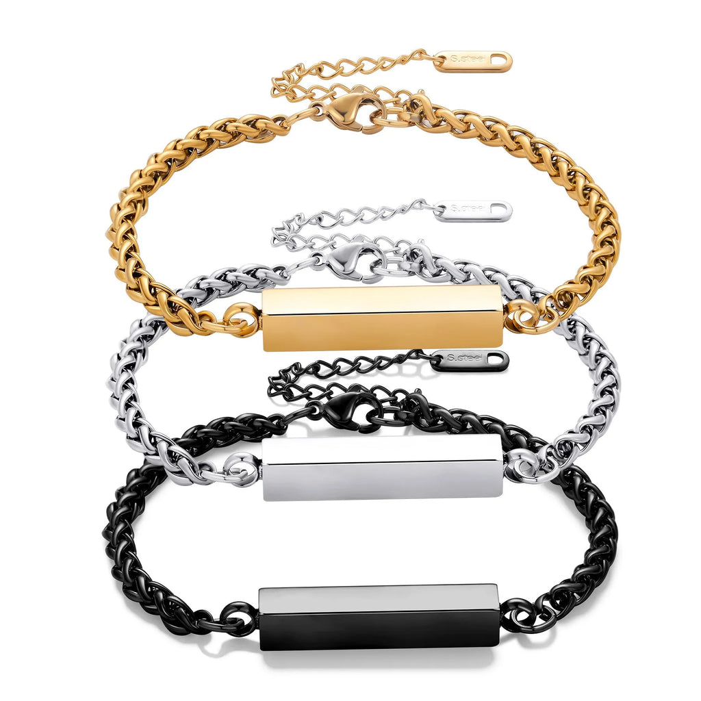 Unisex titanium steel rectangular column bracelet 6mm by 30mm on wrist, silver finish with extension chain