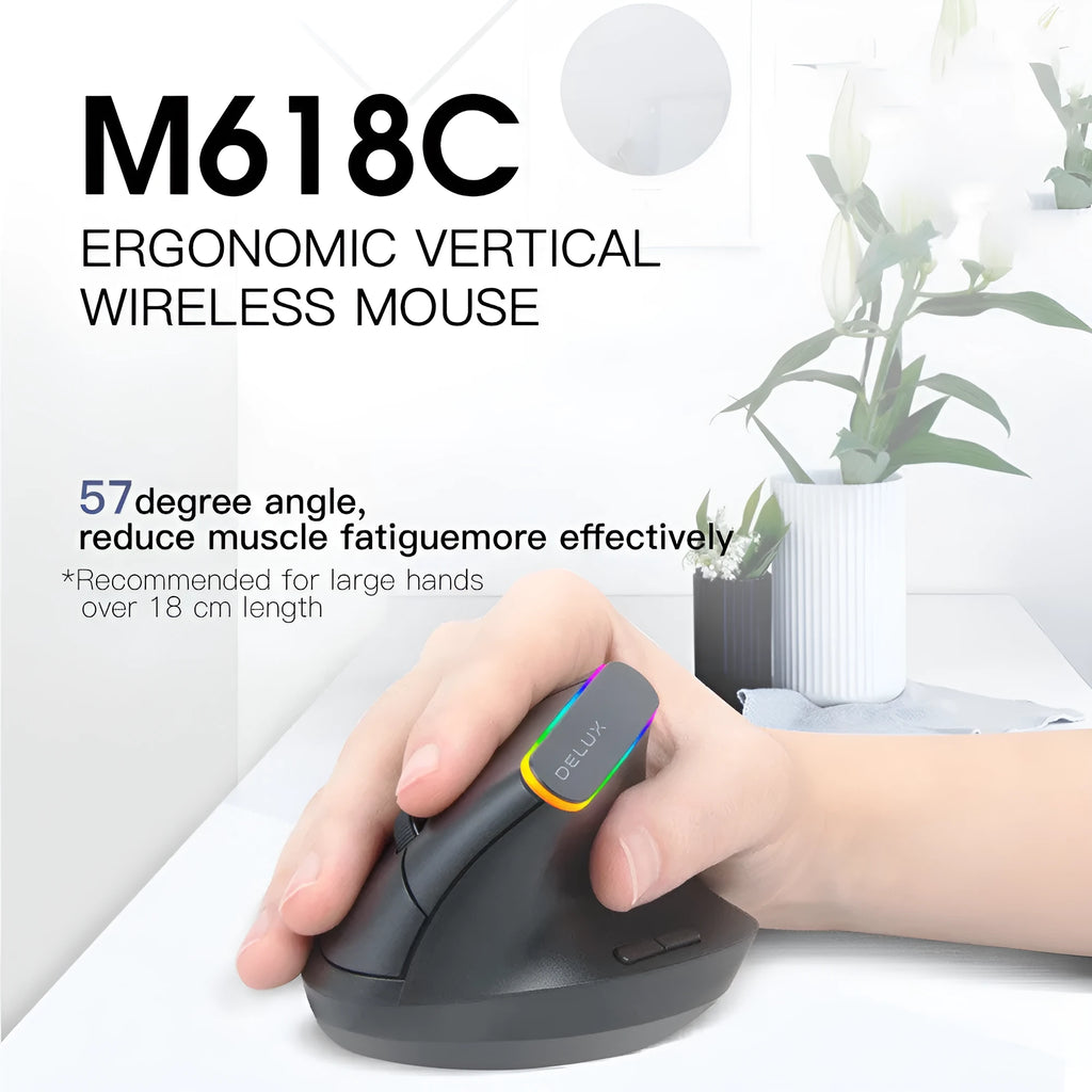 M618C black and white vertical ergonomic wireless mouse with RGB lighting and six buttons shown from the side.