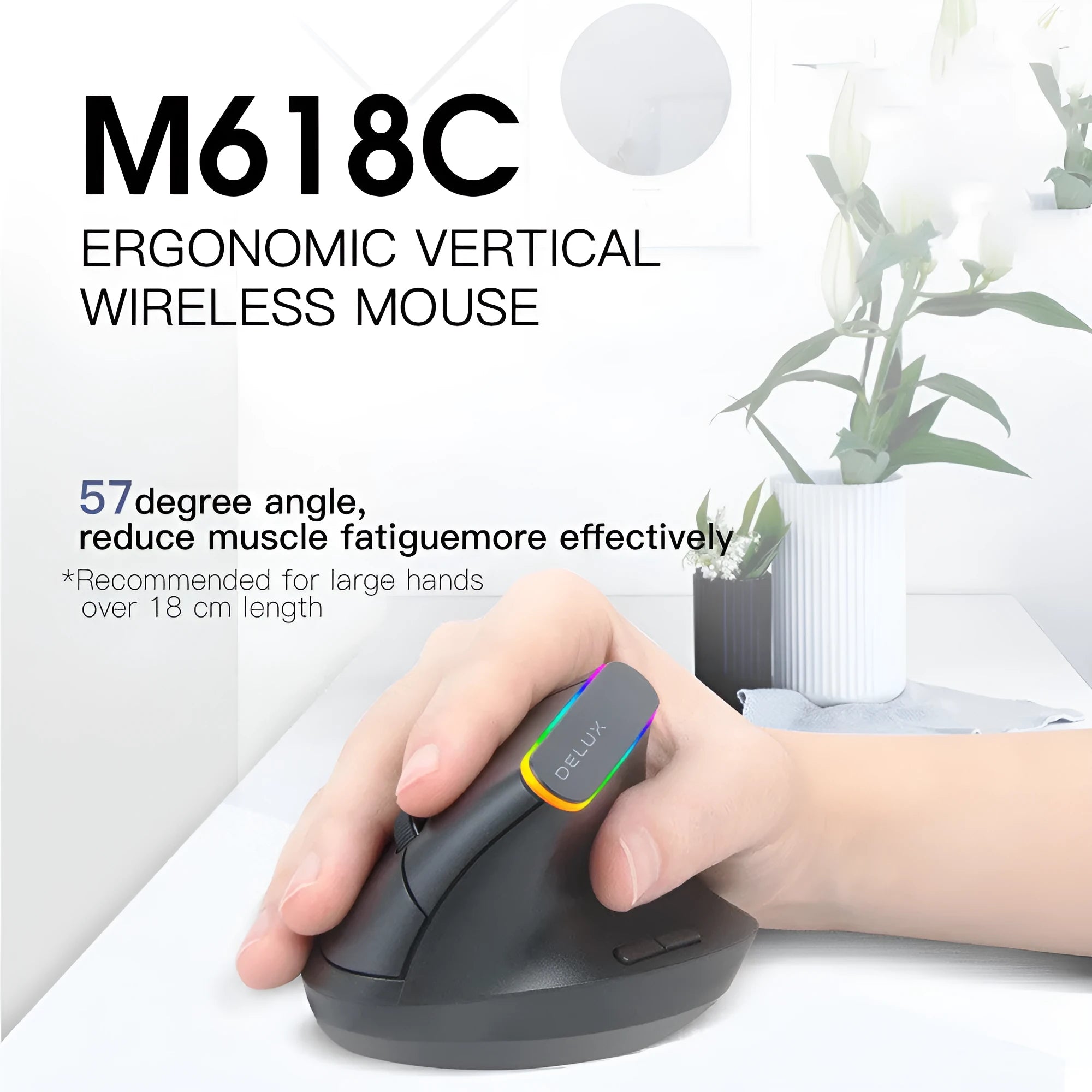 M618C black and white vertical ergonomic wireless mouse with RGB lighting and six buttons shown from the side.
