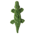 Green crocodile-shaped plush dog chew toy with no stuffing, shown with squeaker and crinkle features.