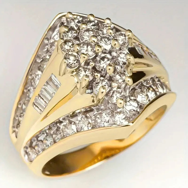 Gold electroplated heavy industry ring with geometric palace style design on copper
