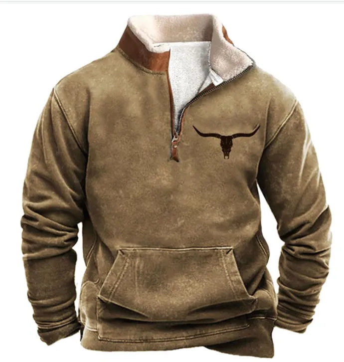 Men's spring and autumn long sleeve half-zip printed casual jacket in chemical fibre blend loose fit straight hem