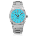 Men's automatic mechanical watch with 40mm stainless steel case, white dial, and blue steel band