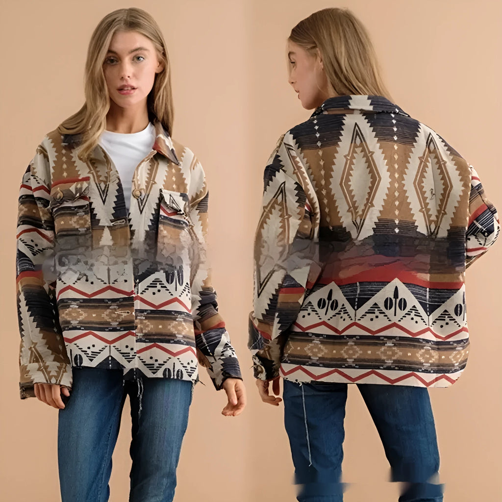 Women's retro style Aztec print woolen jacket in three colour options with long sleeves