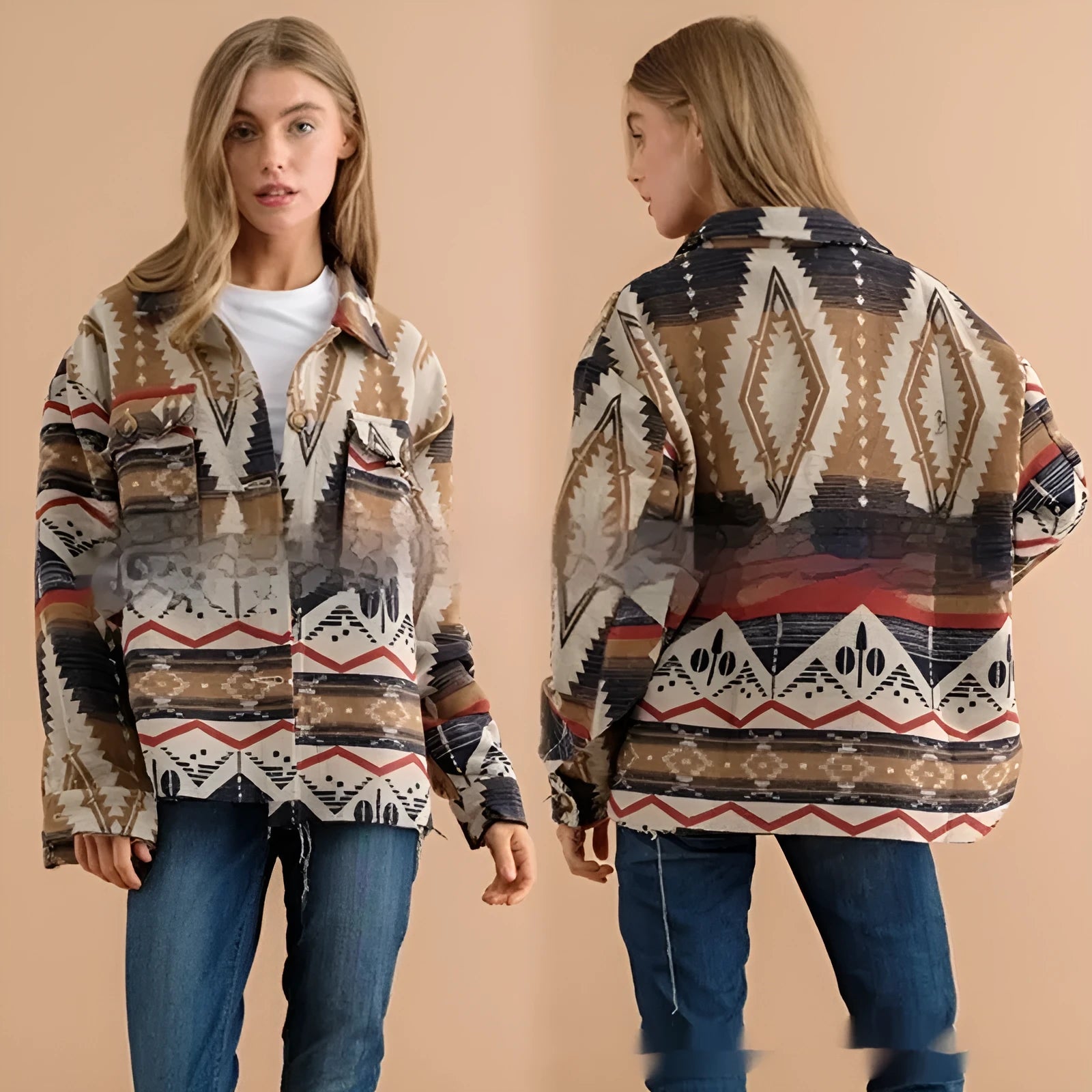Women's retro style Aztec print woolen jacket in three colour options with long sleeves