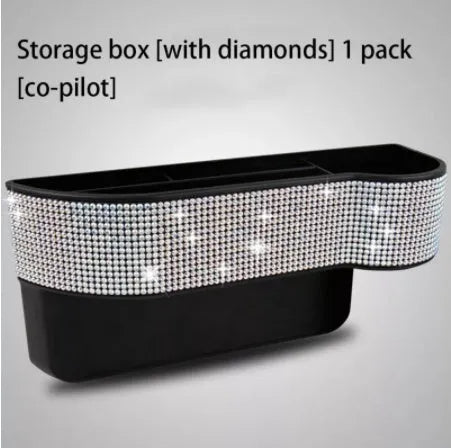 Diamond-studded car seat storage box in white, made from ABS and microfiber leather, 26.2cm x 12.5cm, for GM models