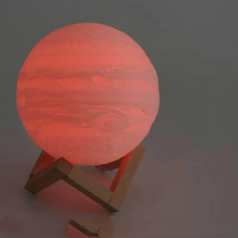 3D printed moon lamp showing detailed lunar surface with wood holder and touch control ring