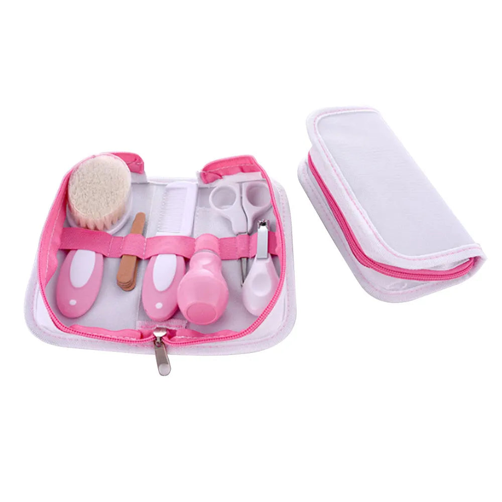 6-piece baby nail care and grooming set in a pink case with tools made from safe materials.