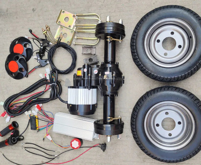 48V low-speed rear axle trolley conversion set with motor, pneumatic tyres, controller, and turn handle for electric trolley modification