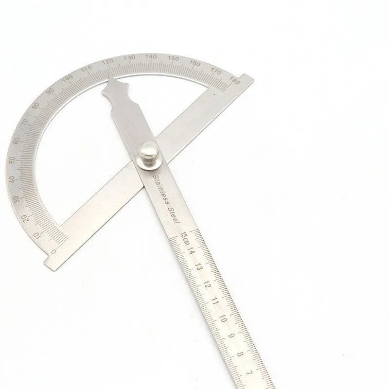 Adjustable plastic protractor showing 0-180 degree measurement scale with solid and hollow-large design options