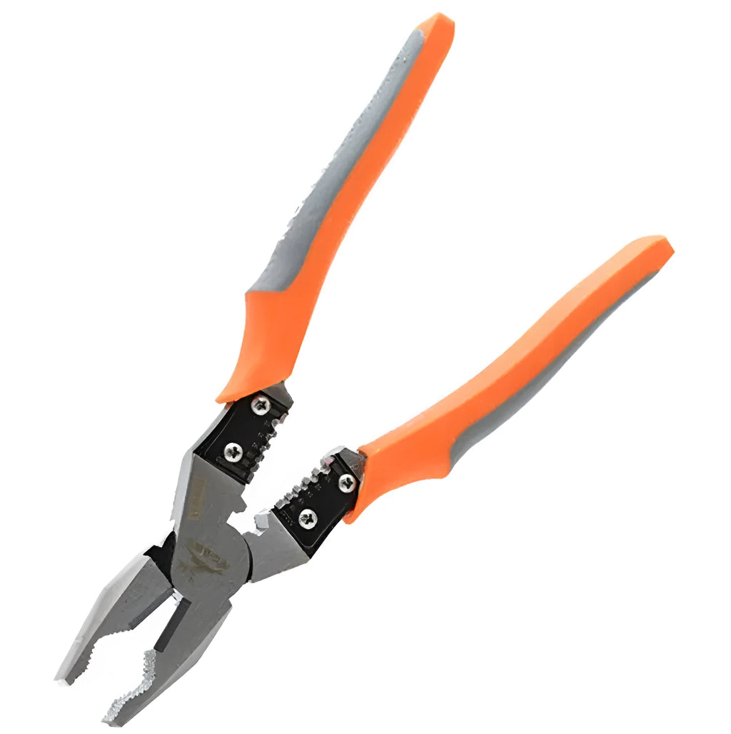 Orange handled 9 inch multi-function wire cutter pliers with alloy steel jaws.
