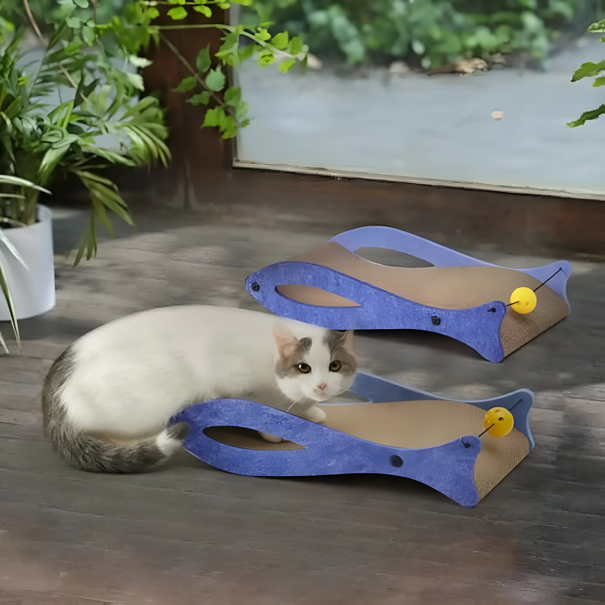 Blue fish-shaped cardboard cat scratcher with bell toys on elastic cord, measuring 46x25x10cm