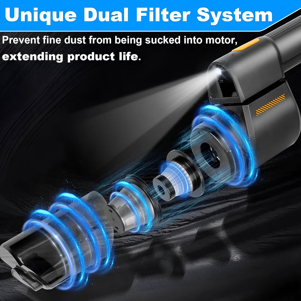 Cordless handheld vacuum 18000Pa with LED light and black ABS PC body on car seat