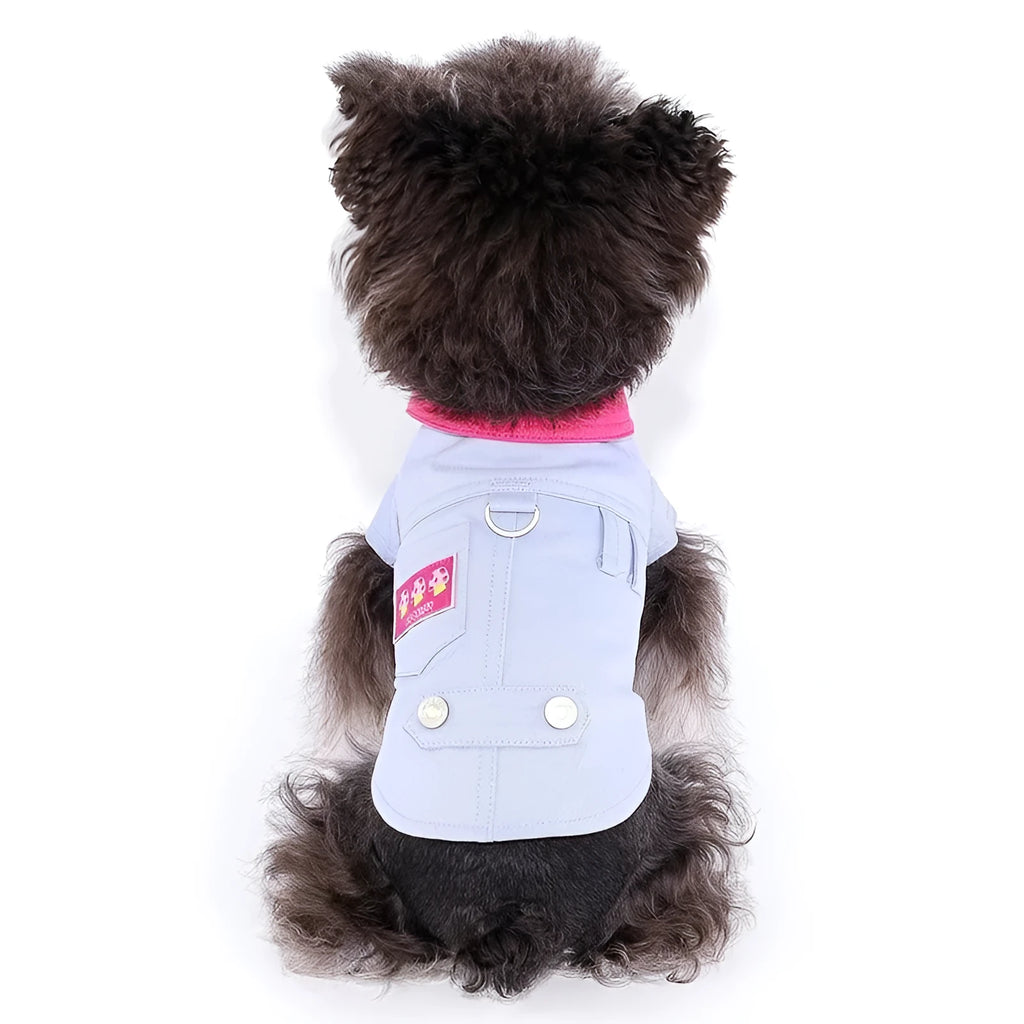 Blue and purple polyester dog vest with traction rope ring showing size options from XXS to XXL