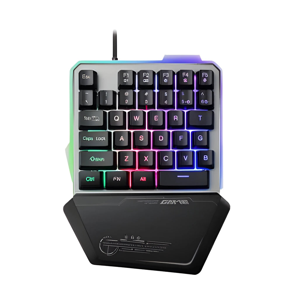 Black G40 Flow one-handed mechanical gaming keyboard with RGB backlighting on keys.