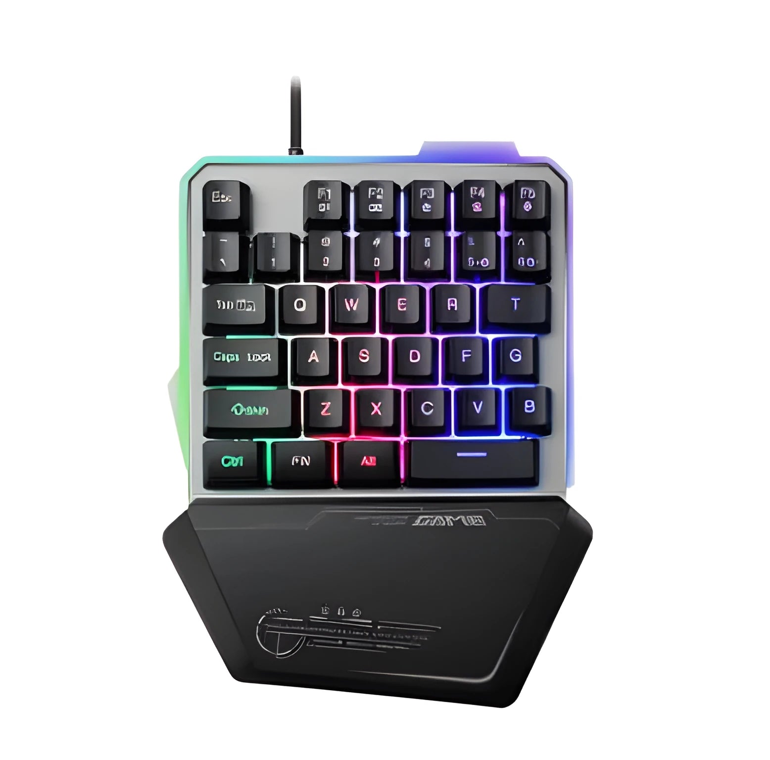 Black G40 Flow one-handed mechanical gaming keyboard with RGB backlighting on keys.