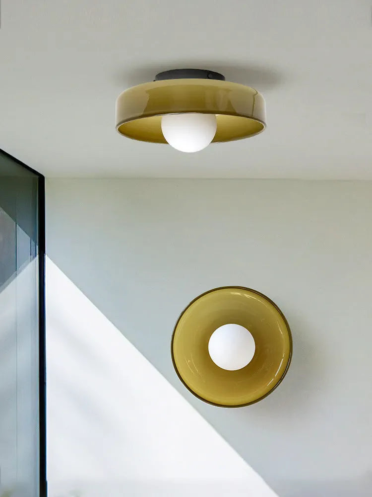 Round modern glass ceiling light fixture with white shade for corridor or porch