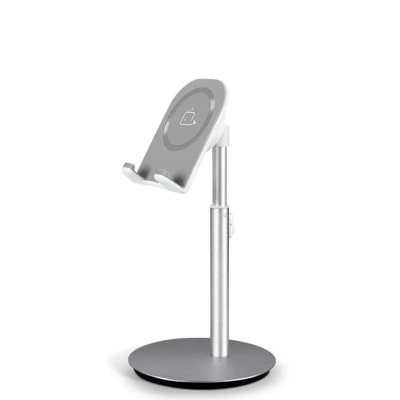 Silver aluminium computer phone holder for mobile phones and tablets on a desktop