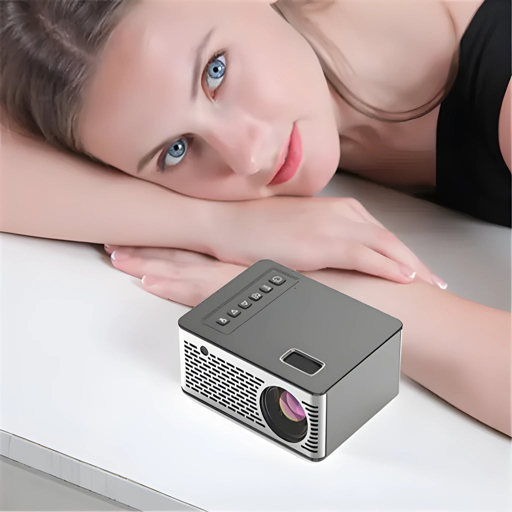 Black USB smart projector with 320x240 resolution and 20W power, front projection, shown with UK EU US AU plug options.