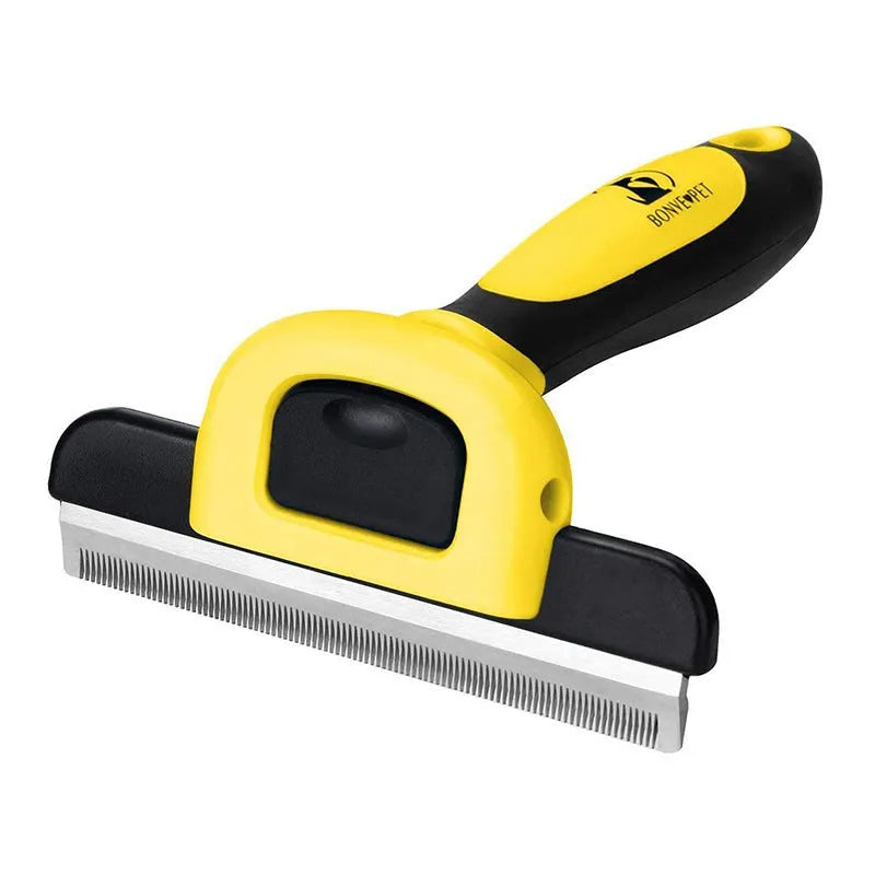 Blue or yellow dog grooming comb with stainless steel teeth and plastic handle for pet hair removal