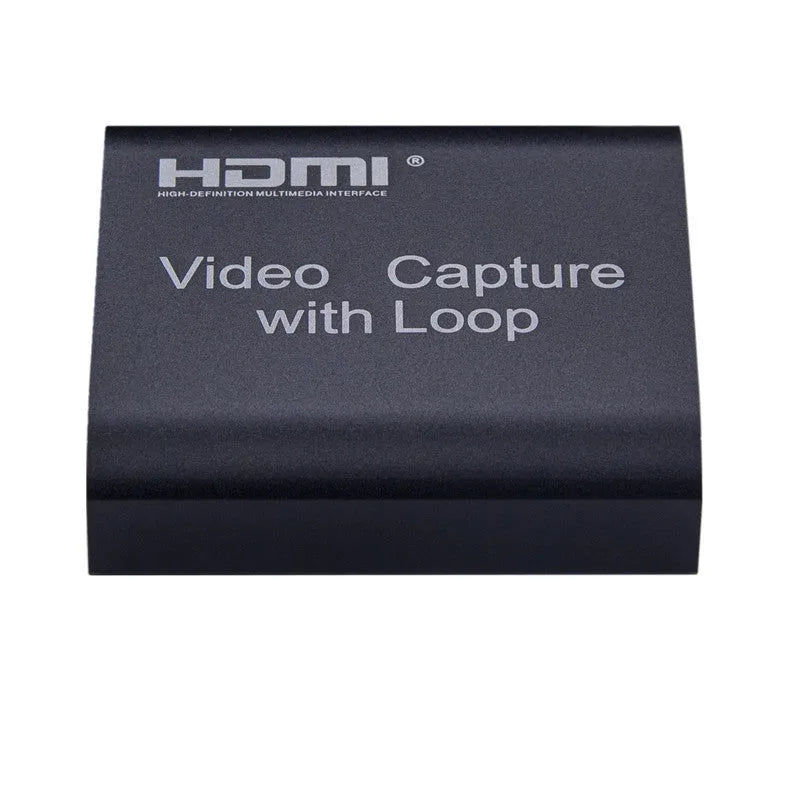 Black HDMI 4K video capture card with USB interface and loop out port