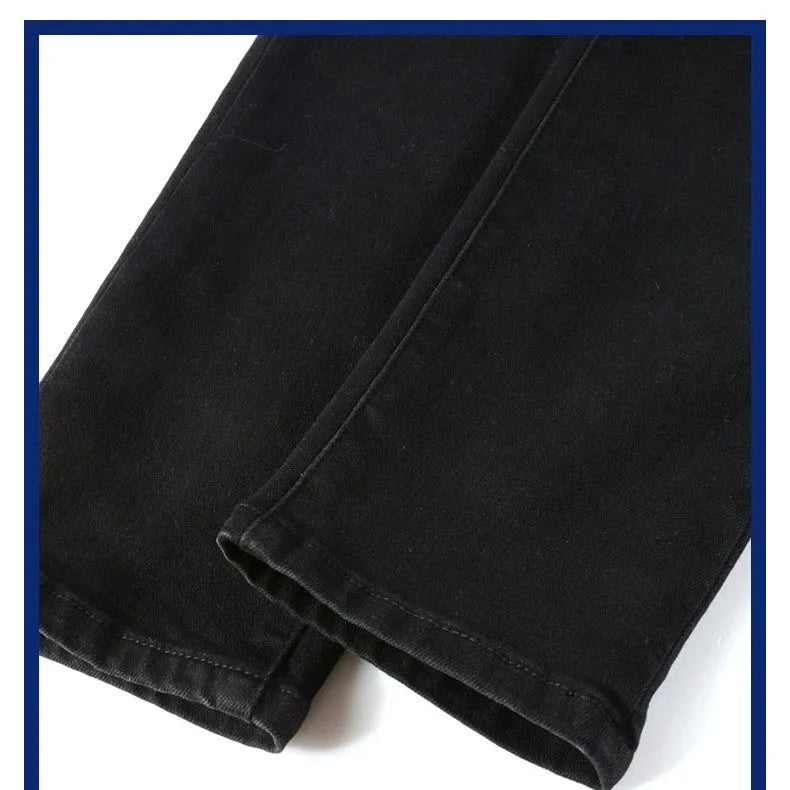 Black pleated jeans for men with double waistband, zip placket and collage splicing detail, 98% cotton