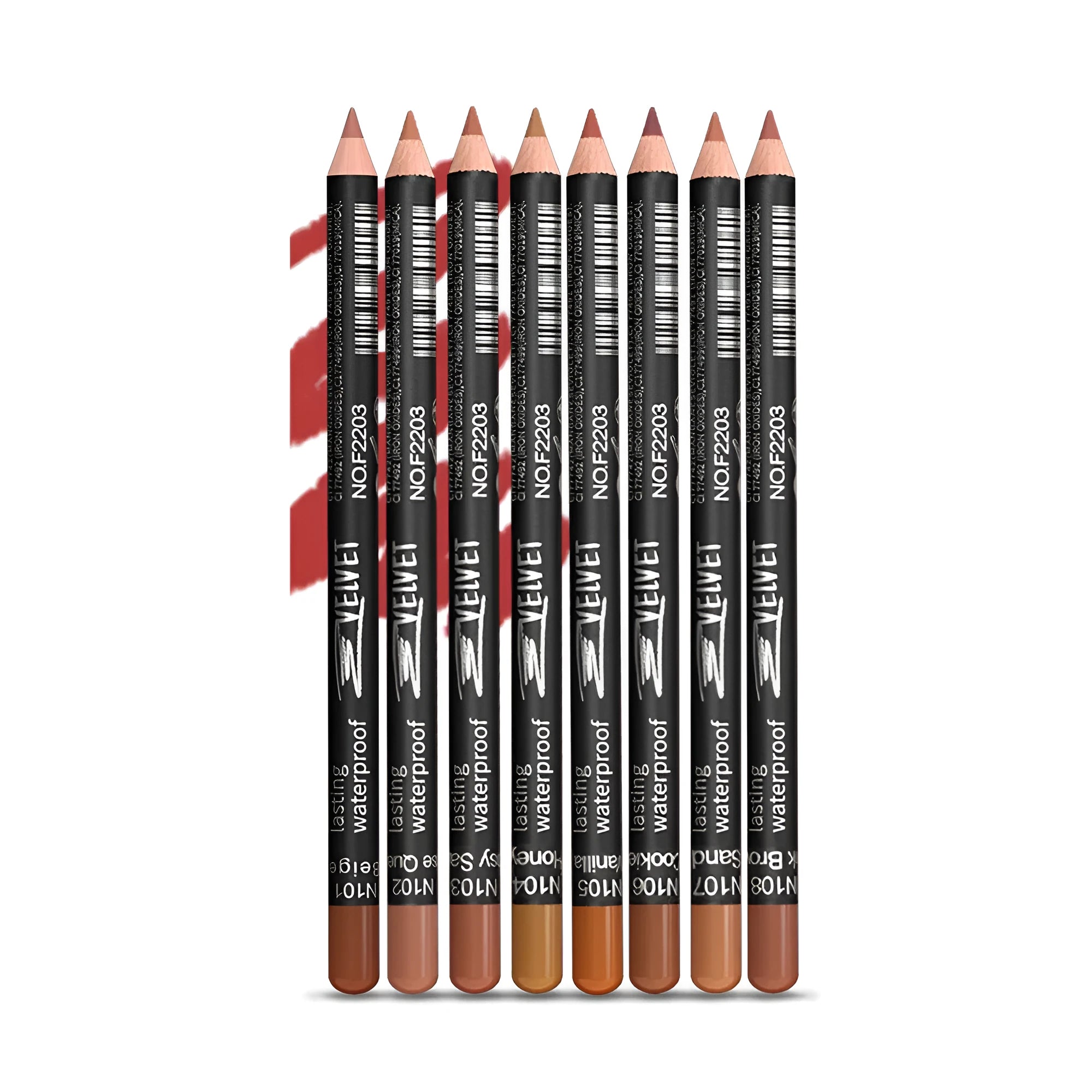 Matte lip liner pencil in a choice of fourteen colours, shown with swatches.