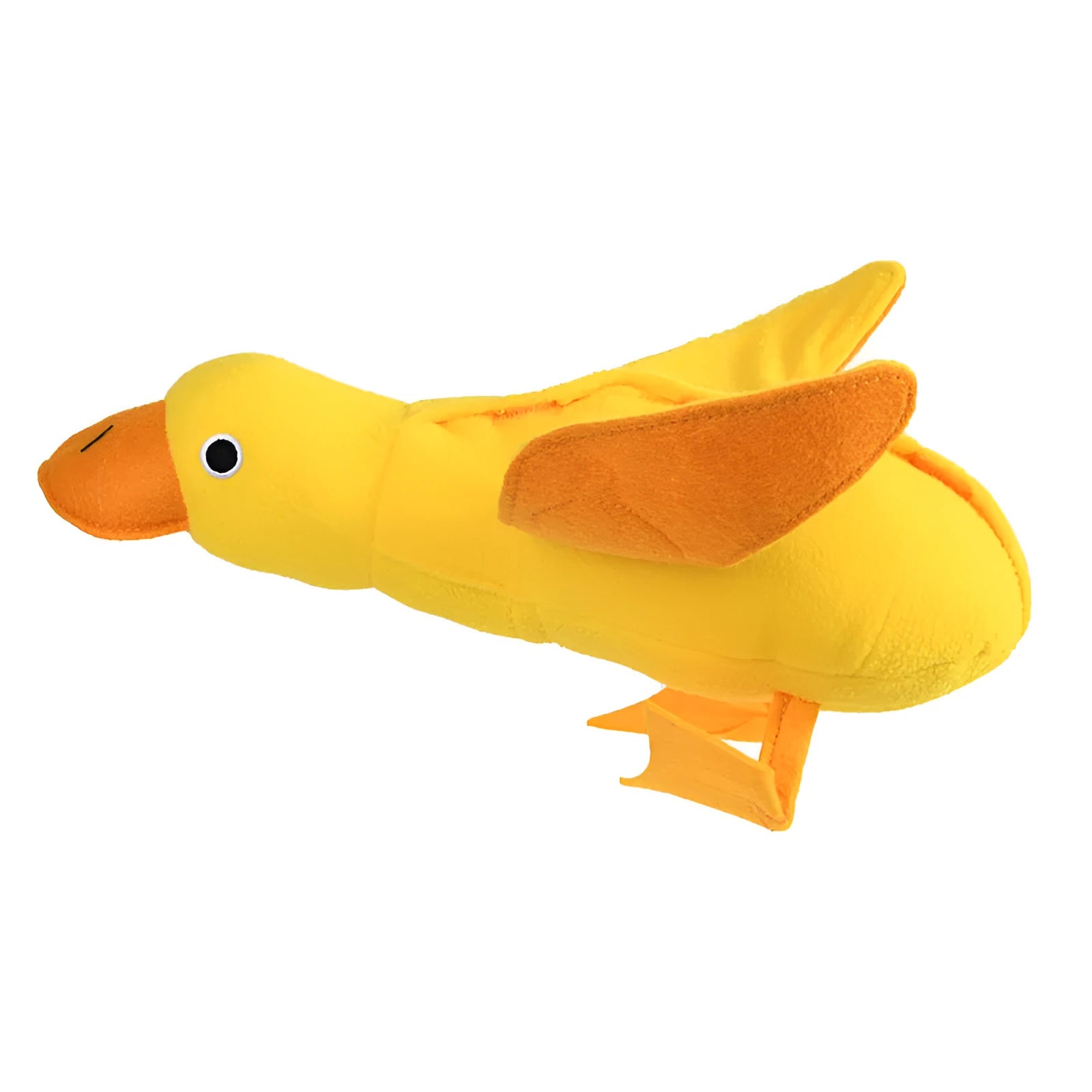 Yellow teddy duck dog toy with food leak openings for treat dispensing during training and play