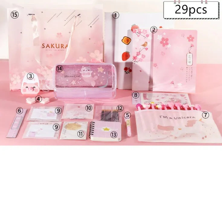 Stationery combination gift bag showing notebooks, pens, correction tape, and accessories from the 29-piece or 31-piece set.