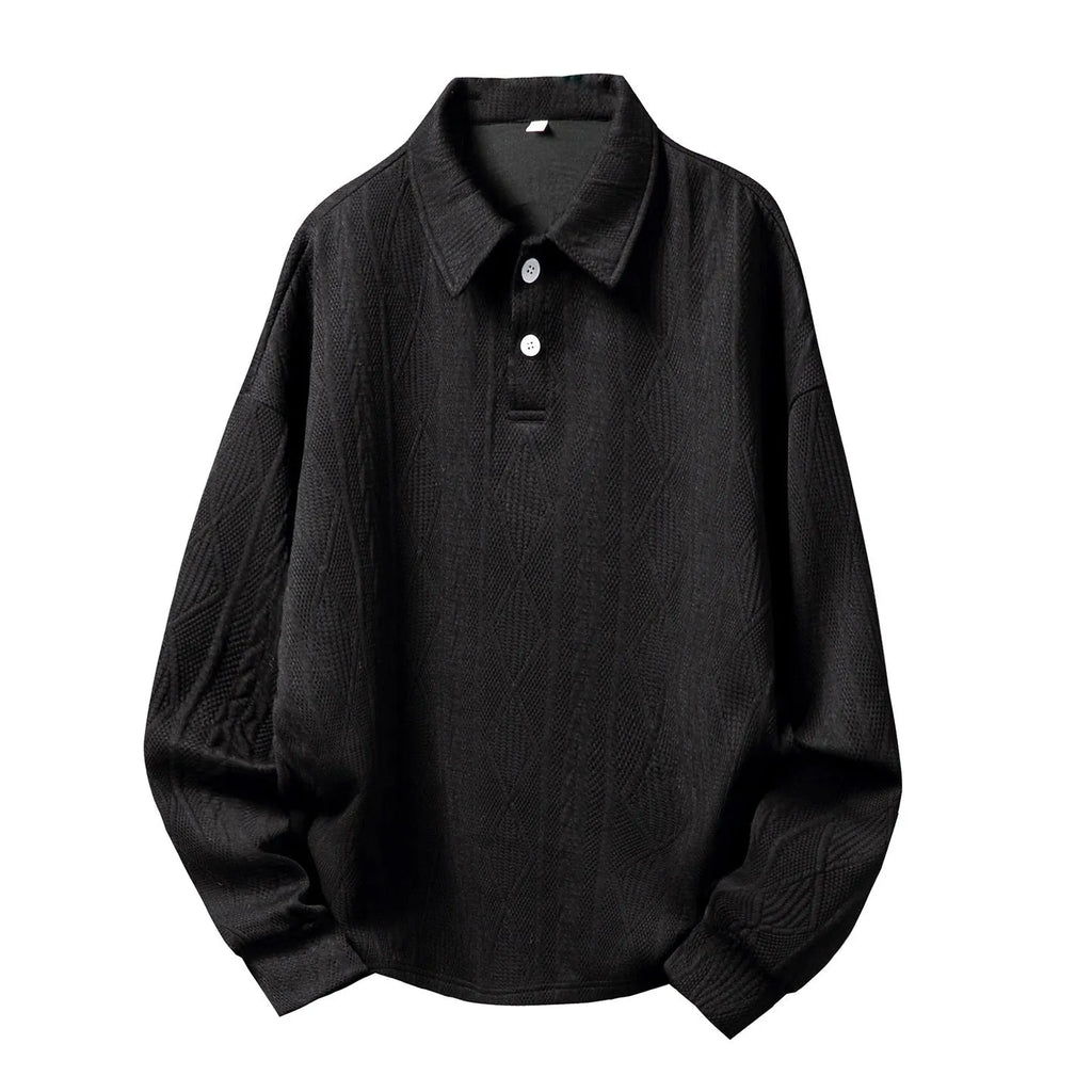 Men's texture jacquard lapel sweater in black or creamy-white, loose autumn pullover, sizes M to XXL