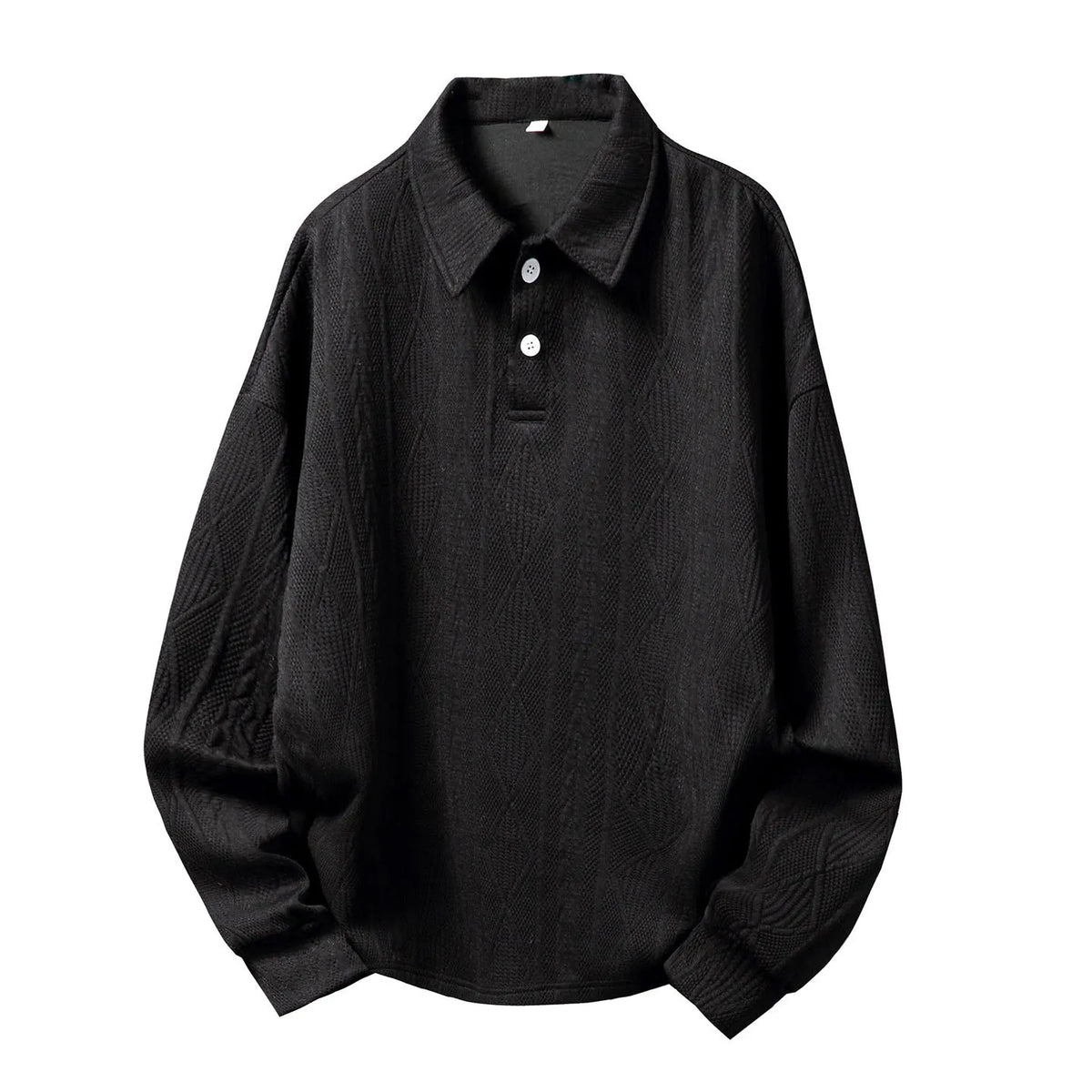 Men's texture jacquard lapel sweater in black or creamy-white, loose autumn pullover, sizes M to XXL
