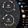 A pair of natural stone beaded bracelets on a stretch cord, showing a detailed zodiac symbol charm.
