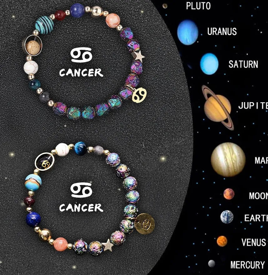 A pair of natural stone beaded bracelets on a stretch cord, showing a detailed zodiac symbol charm.