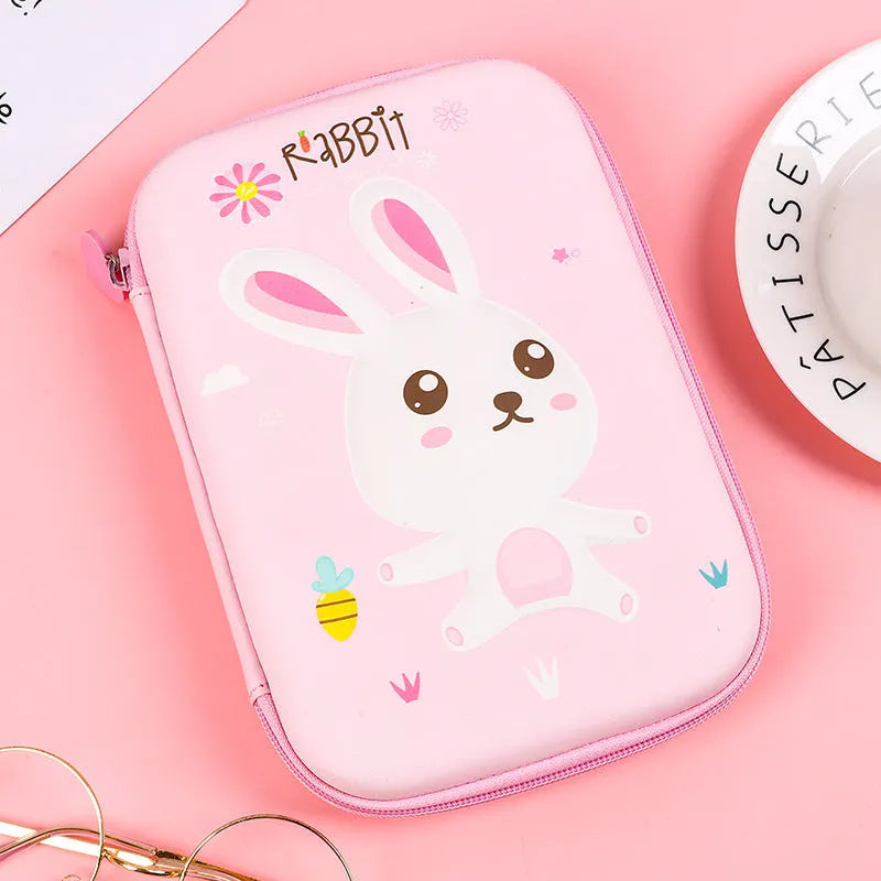 Square canvas pencil case with cartoon character design in rabbit, dinosaur, or moon cat style with zippered closure