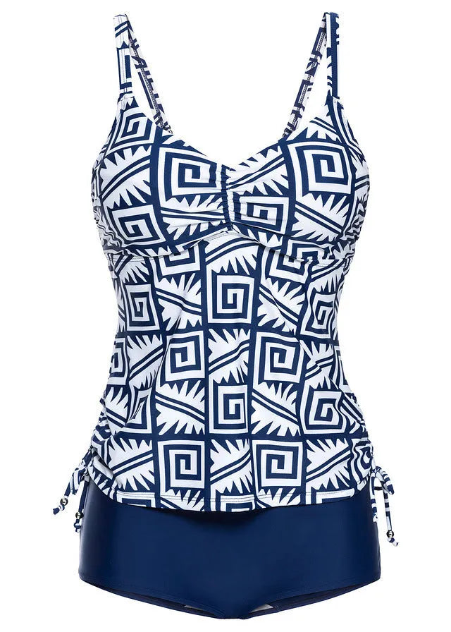 Fashion geometry pattern printed split bikini swimsuit for women, polyester, pink colour option, two-piece set for swimming and wading.