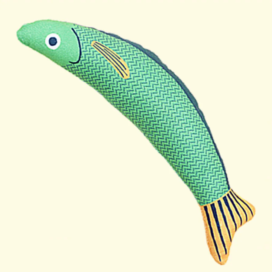 Soft plush saury fish cat toy with organic catnip filling in green, orange, and yellow colours