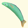 Soft plush saury fish cat toy with organic catnip filling in green, orange, and yellow colours