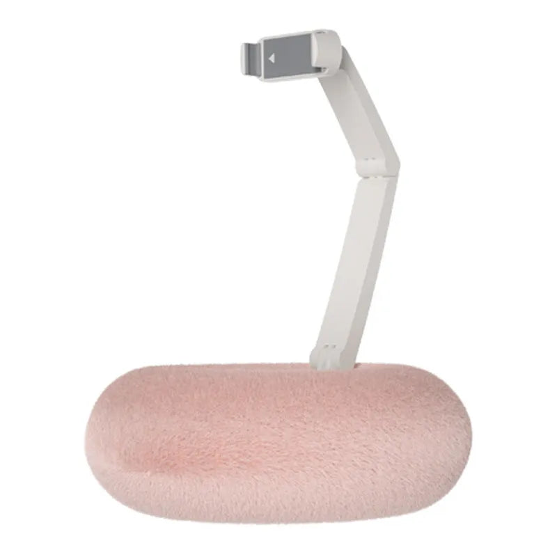 Adjustable rotating bracket holding a tablet, showing vertical extension rod and fabric-covered base.