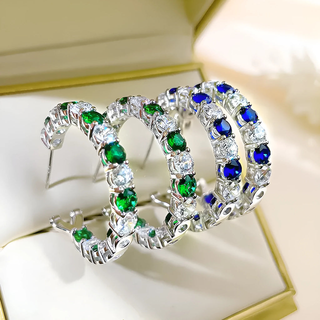 Women's colourful all-match geometric drop earrings with inlaid zircon in blue and green copper finish