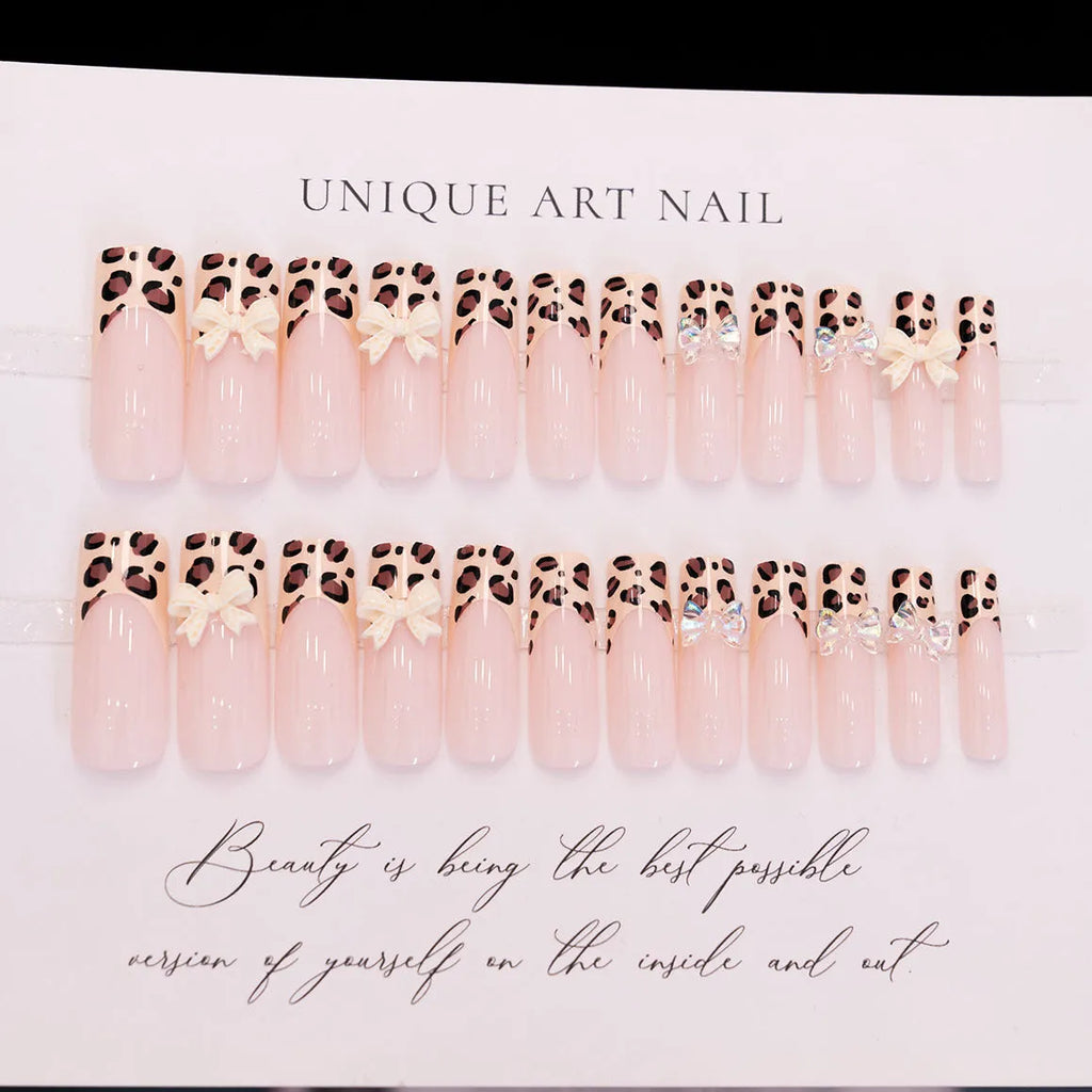 Leopard print butterfly false nail set with WM296 colour designs for press-on manicure application