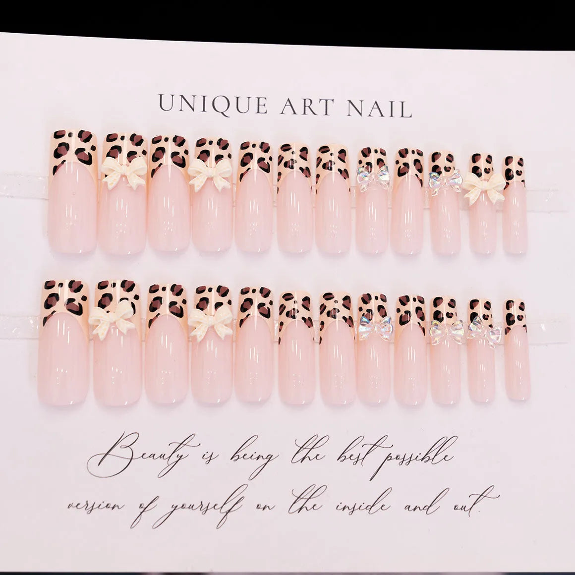 Leopard print butterfly false nail set with WM296 colour designs for press-on manicure application