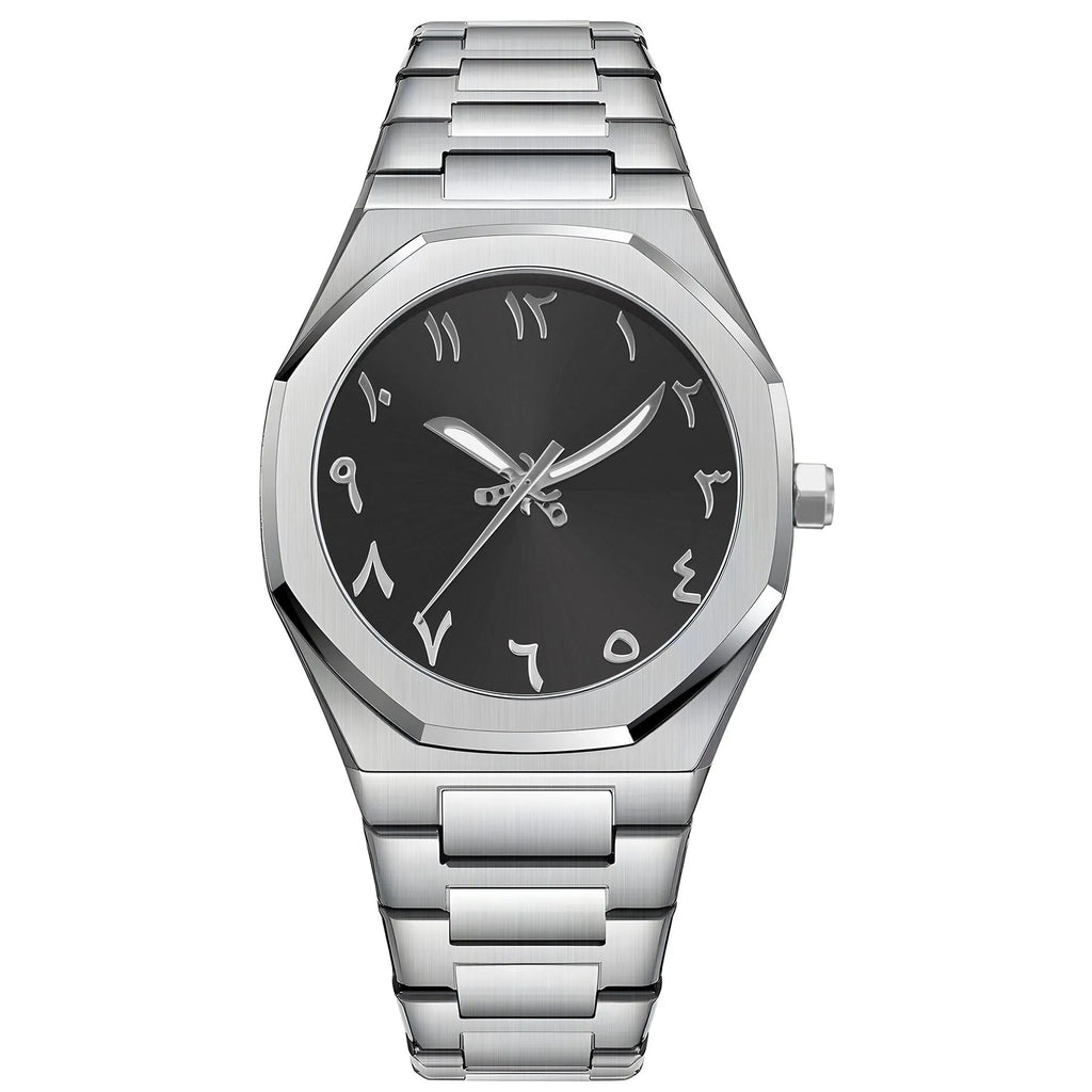 Men's business casual quartz wristwatch with stainless steel bracelet, 10mm thick case, shown in black and silver colour variants.