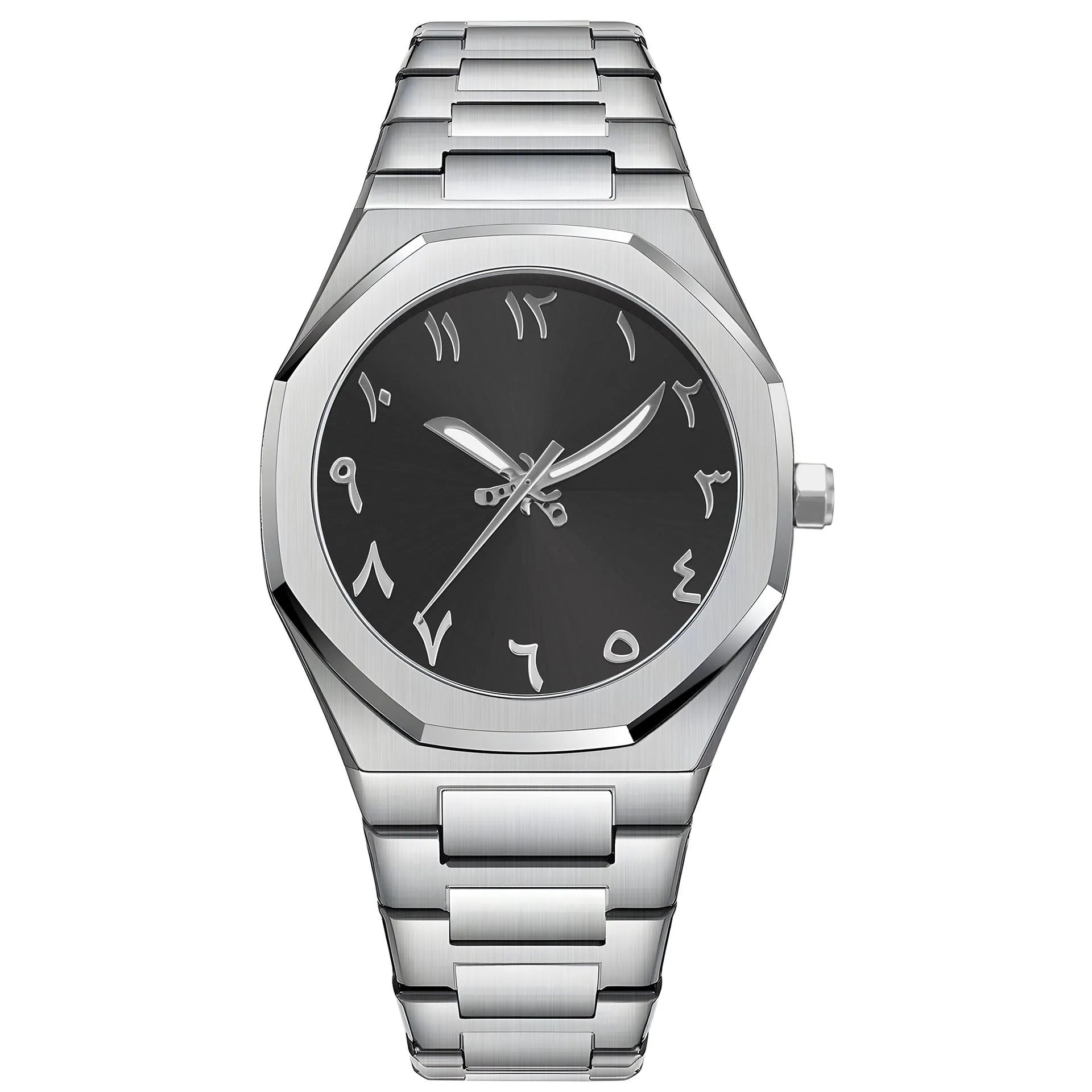 Men's business casual quartz wristwatch with stainless steel bracelet, 10mm thick case, shown in black and silver colour variants.