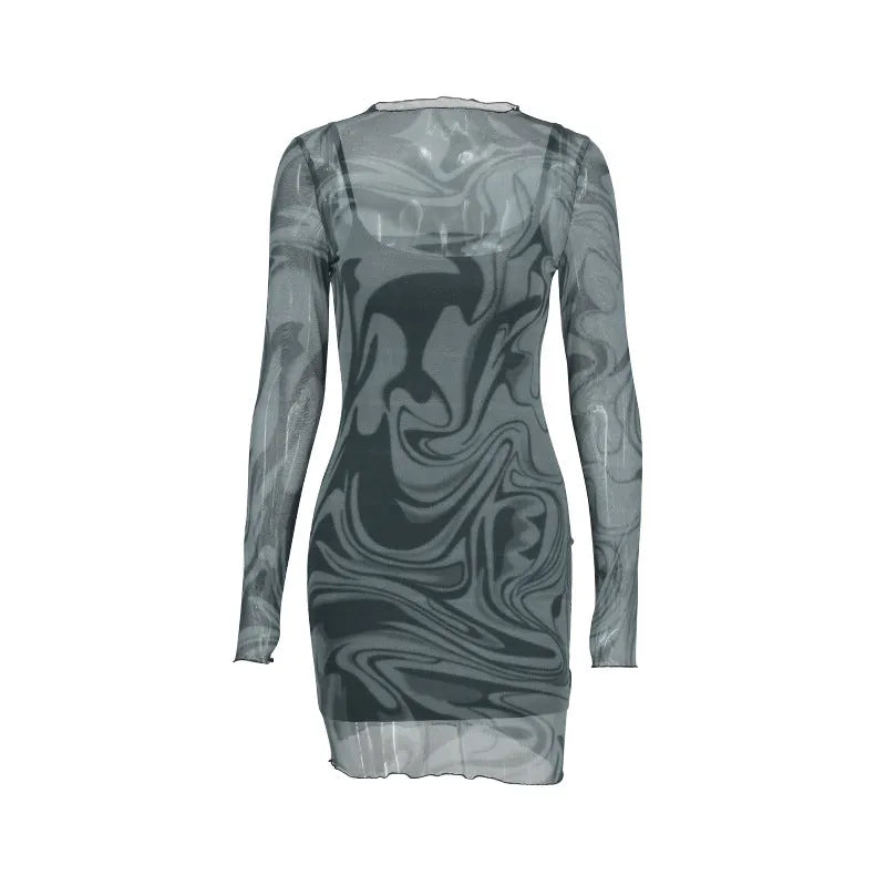 Black mesh halter print bodycon dress two-piece set with sheer long sleeve pullover top and short skirt